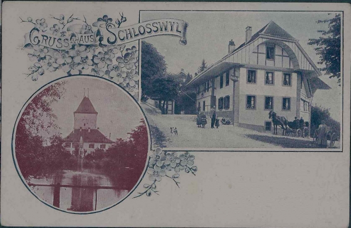 <p>2 Bildkarte Gruss aus Schlosswil Schloss + Restaurant mit Fuhrwerk , Karte Top Zustand gelaufen  29.8.1907</p>